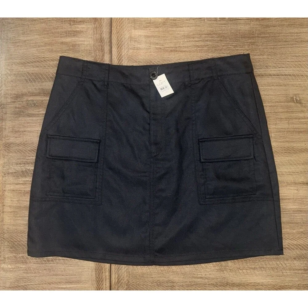 NWT Loft Ann Taylor Black Cargo Mini Skirt Linen Blend Womens Size 12 NEW $69.95
